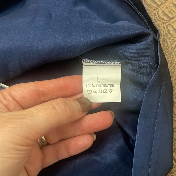 Blue Satin Pajama Top Button Up Sleep Shirt White Piping Women’s Size Large - Picture 6 of 6